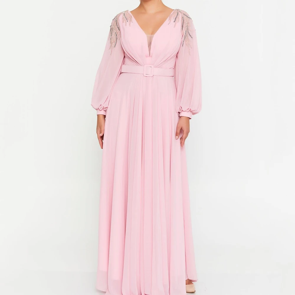 

Customized A-line Evening Dresses Floor-length V-neck Full Sleeve Prom Gown Fashion Beading Sashes Simple Draped Party Gown