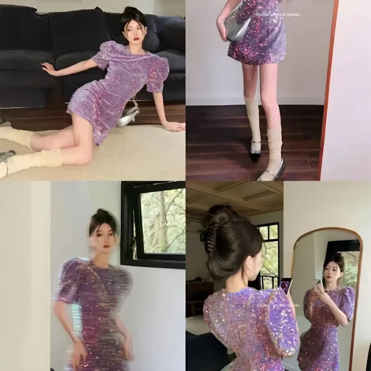 Korejepo Sparkling Purple Dresses Round Neck Bubble Sleeve Dress New Light Luxury Temperament Girls Birthday Chic Vestido