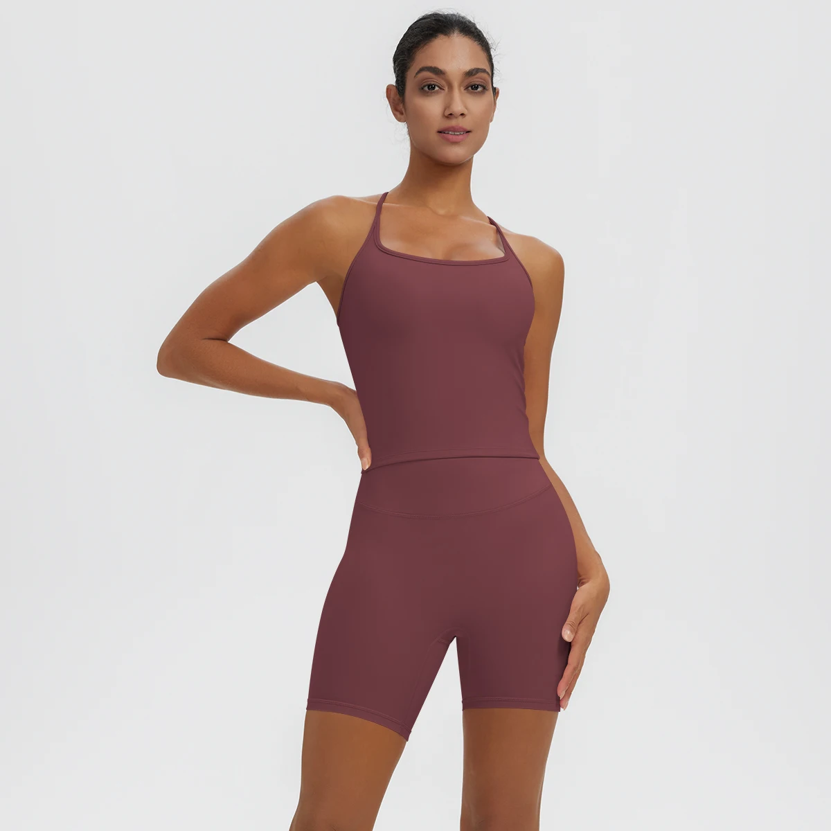 Rooftrellen 2-teiliges sexy einfarbiges Yoga-Set für Frauen, mit schönem Rücken und I-förmiger Weste, Fitness-Lauf-Yoga-Shorts-Set für Damen – Detail 19