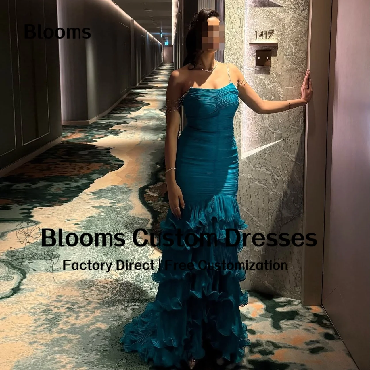Customized Teal Mermaid Formal Evening Dress Spaghetti Strap Chain Strap Ruched Elegant Party Dress Tiered Ruffle