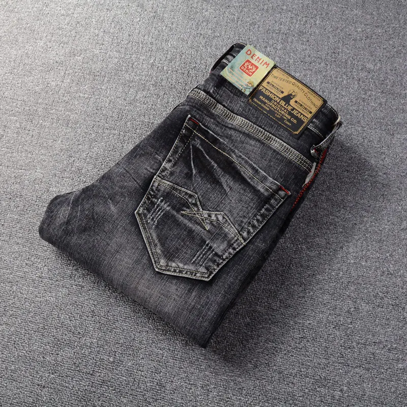 Italian Style Fashion Men Jeans Retro Black Gray Elastic Slim Fit Ripped Jeans Men Trousers Vintage Designer Denim Pants Hombre