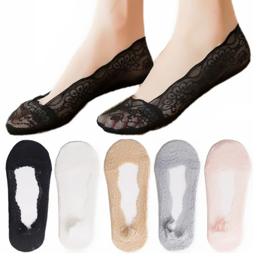 

5 Pairs Women's Slippers Socks Invisible Boat Mesh Lace Thin Short Socks Female Summer Ankle Silicone No Show Socks Non-slip