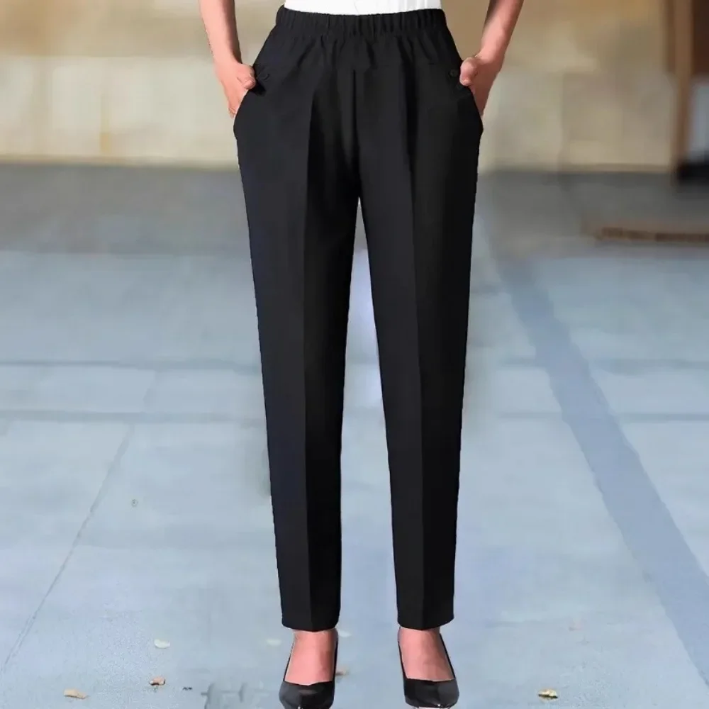 Women Elegant Solid Slim Fit Tapered Pants Diagonal Pocket Elastic Waist Casual Versatile Soft Breathable Flattering Comfy New