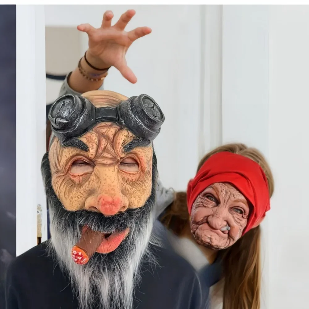 Smoking Grandma Grandpa Mask Halloween Domineering Realistic Horror Old Man Mask Role Playing Costume Full Face Latex Props