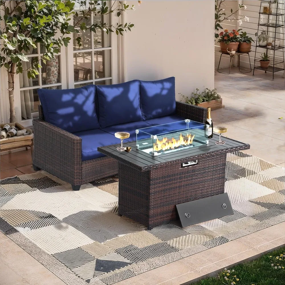 Outdoor Patio Sofa, 2-Piece Wicker Furniture Set with 3-Seater Sofa and Fire Pit Table, Patio Furniture with Anti-Slip Cushions