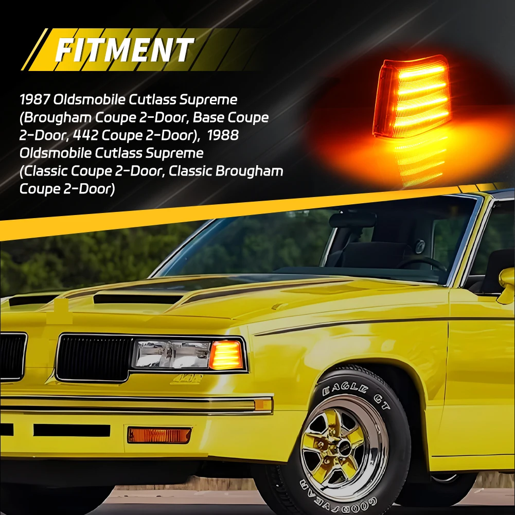 2Pcs For 1987 1988 Oldsmobile Cutlass Supreme Calais 442 GT-350 Front Corner Light Side Marker Light Turn Signal Light W/LED