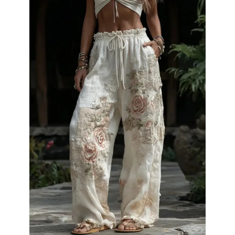 Women's Boho Embroidered Wide Leg Pants Drawstring Elastic Waist Floral Applique Loose Trousers Summer Vacation Beachwear