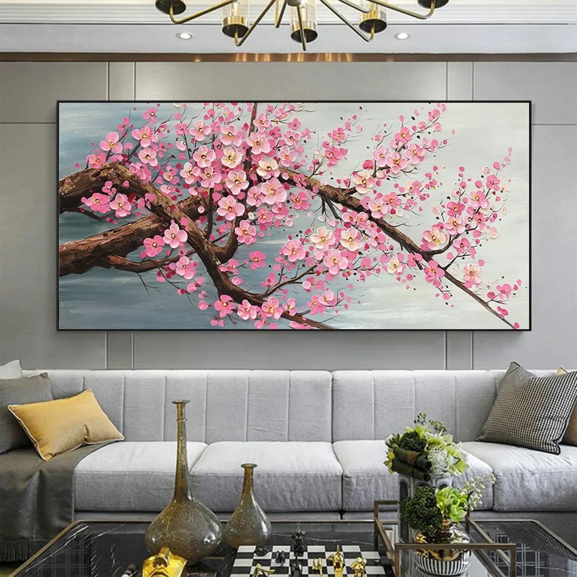 Modern Cherry Blossom Canvas Art  Textured Palette Knife Floral Paintings for Living Room Decor
