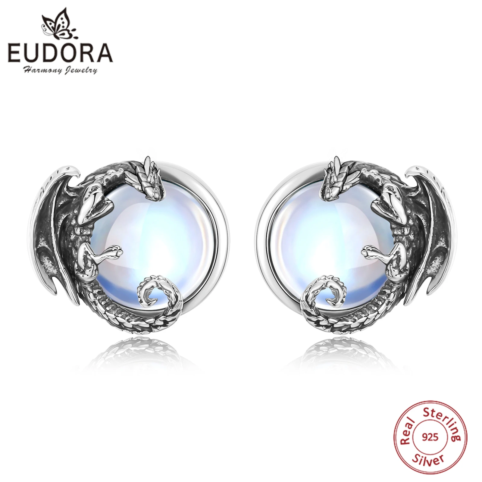 Eudora Ohrstecker aus 925er-Sterlingsilber, fliegender Drache, hypoallergen, Mondstein-Ohrring, Tierschmuck, Party-Geschenk für Damen und Herren