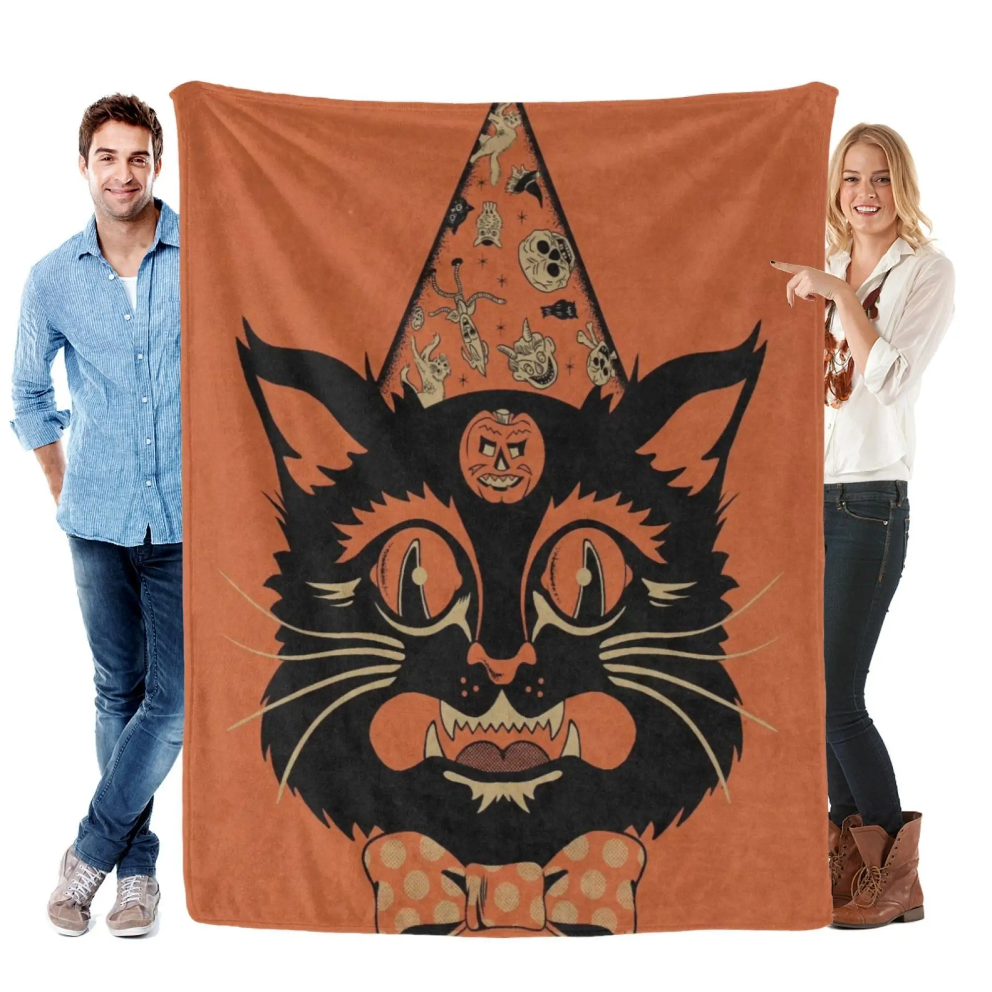 1pc Halloween Cat Flannel Blanket - Soft, Cozy Throw with Festive Pumpkin & Witch Hat Design, Perfect for Sofa, Bed, or Office