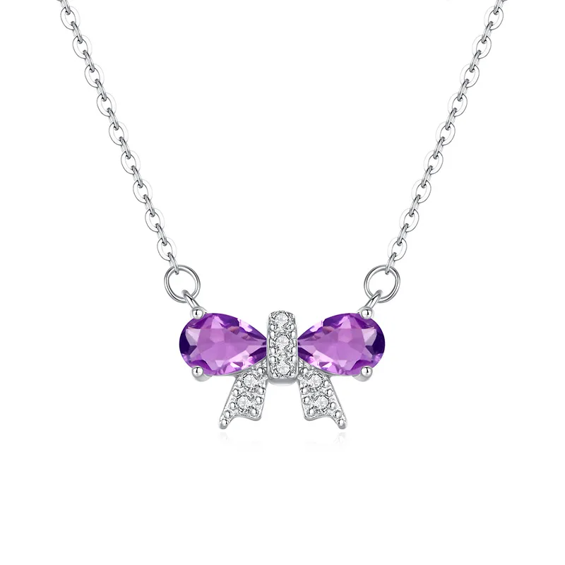 

925 Sterling Silver Choker Necklace Pendant for Women Topaz Citrine Garnet Amethyst Peridot Jewlery Gift Bowknot Cute Fine