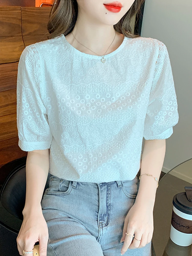 Summer Short Sleeve Blouse Women Blusas Mujer De Moda 2024 Verano O-Neck White Blouse Shirt Women Tops Blouses Femme Shirts E744