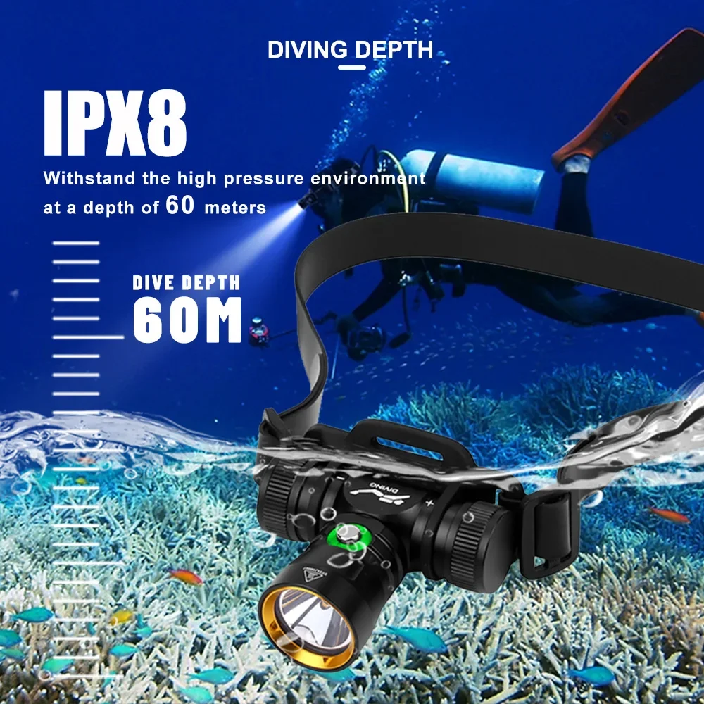 Super Bright LED Scuba Diving Farol de alta potência, IPX8 impermeável, subaquática, 200m, 18650 Bateria, tocha de cabeça de mergulho, 1000LM