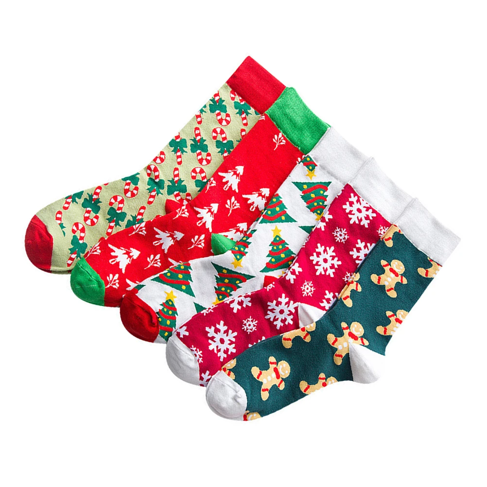 

5 Pairs Christmas Couple Socks Cotton Cartoon Christmas Tree Snowflake Gingerbread Man Stylish Winter Socks Christmas Stockings