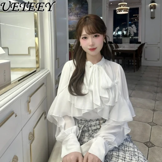 

Spring and Summer Japanese Foreign Style Lotus Leaf Edge Bow Lace-up Solid Color Top Versatile Bubble Long-sleeved Loose Shirt