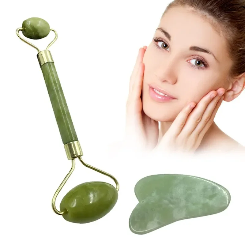 2 in 1 Natural Facial Massager Double Head Facial Roller for Face Care and Gua Sha Massage Tool Anti-aging Natural Jade Set