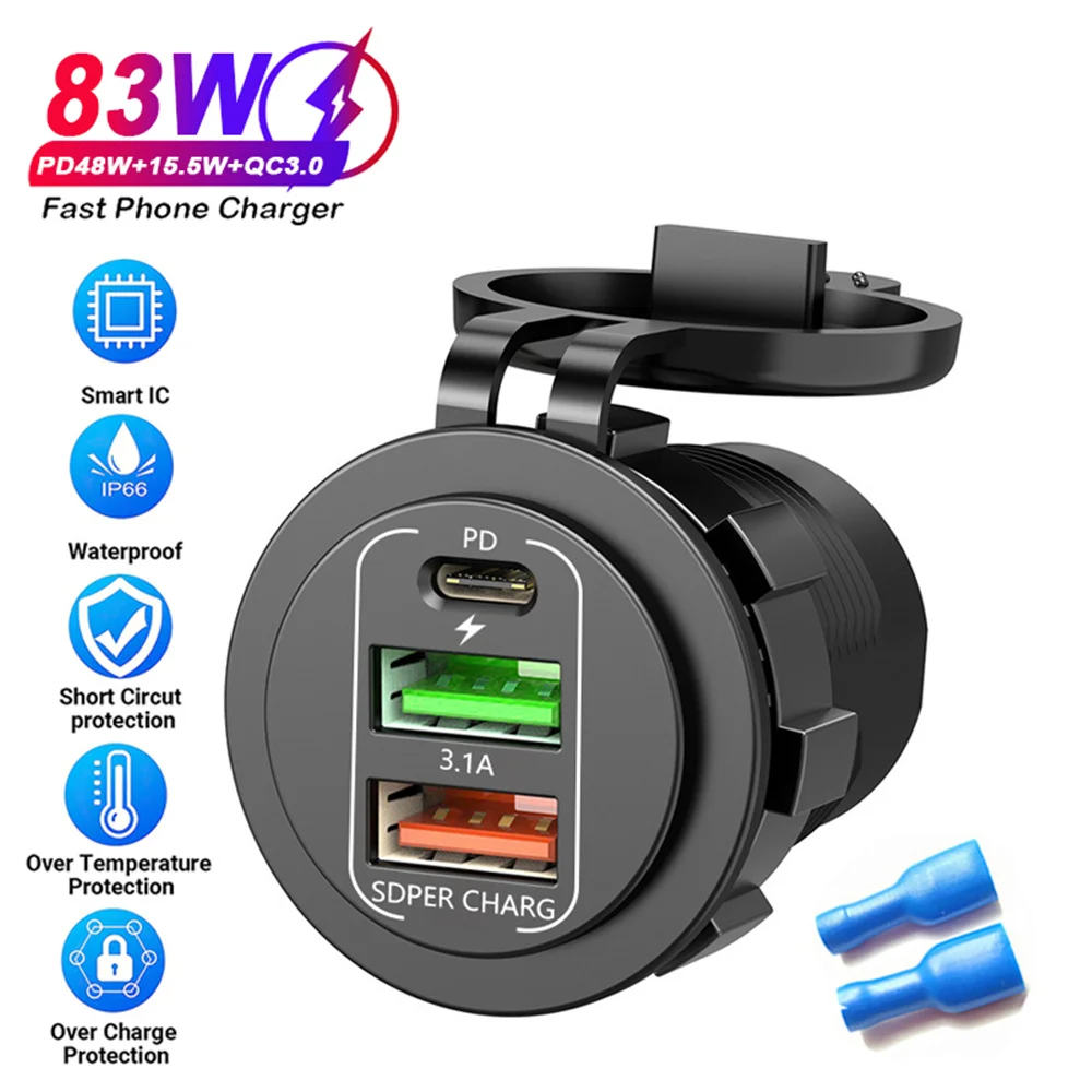 83 واط ماكس مقبس شاحن الهاتف 45 واط PD + QC3.0 شحن سريع 22.5 واط المزدوج USB + نوع C منفذ 3 منافذ محول الطاقة مقاوم للماء 12 فولت-24 فولت