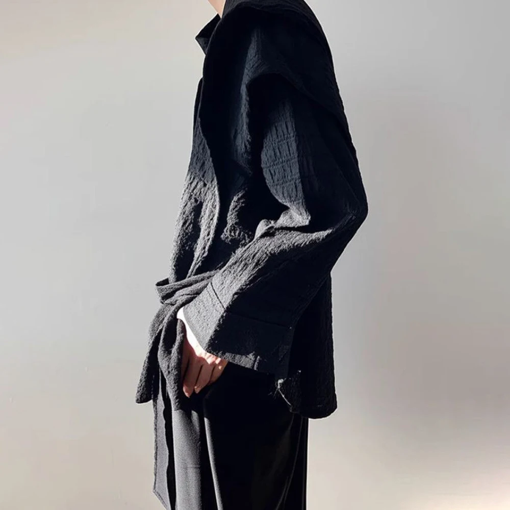 Summer New Men's Solid Color Irregular Long-Sleeved Shirt Chinese Retro Fashion Trend Leisure Loose Breathable Niche Men's Tops