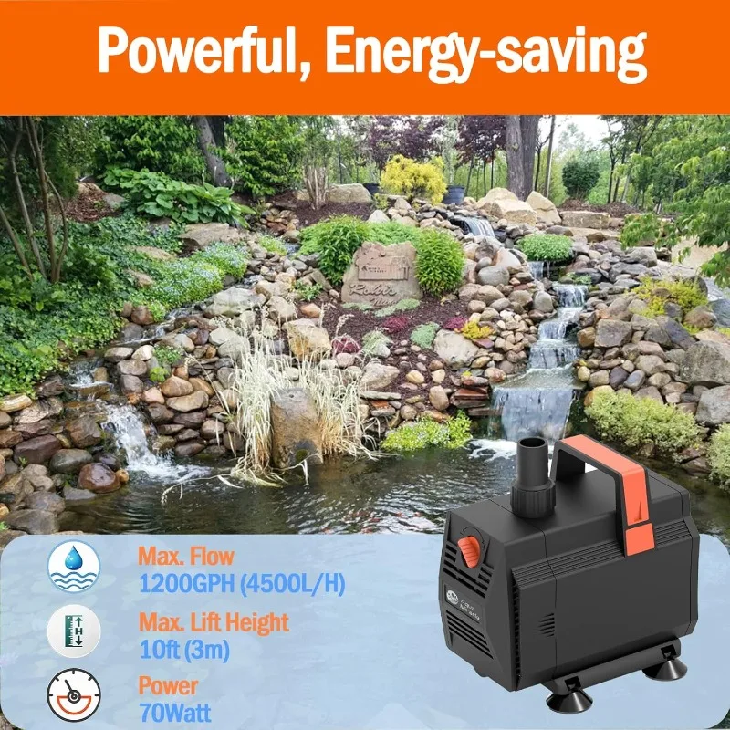 1200GPH Aquarium Water Pumps (4500L/H, 70W) Fountain Pump Pond Pump Submersible Water Pump with Flow Control