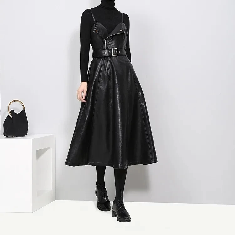 

Women's Dress with Camisole, One-piece Collar, PU Waistband, Zipper, Spring and Autumn Temperament, Long dress