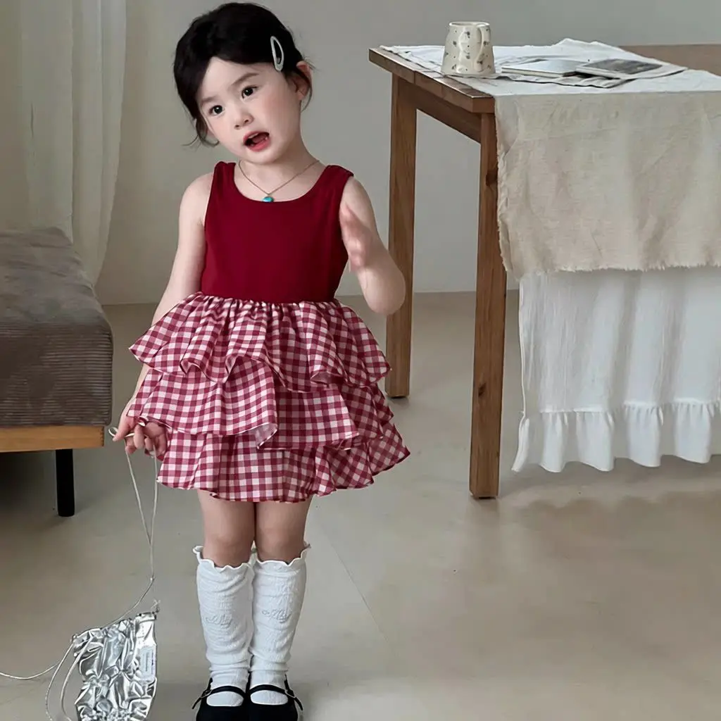 Girls Red & White Gingham Dress, Sleeveless Tiered Skirt Sundress, Cute Plaid A-Line Summer Outfit for Toddler & Little Girls