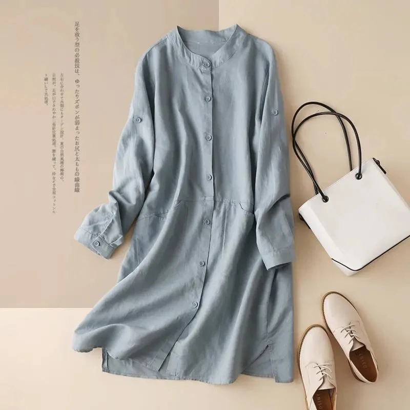 Summer New Ladies Jacket Loose Cotton Linen Medium Long Women\'s Shirt Wild Solid Color Long Sleeves Crew Neck Sun Protection Top