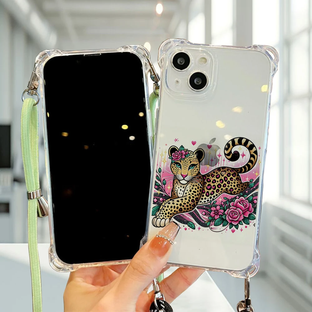 Beautiful leopard print Collection Suitable for iPhone 15 Case Portable Four Corner Drop Protection Equip with hanging rope B#