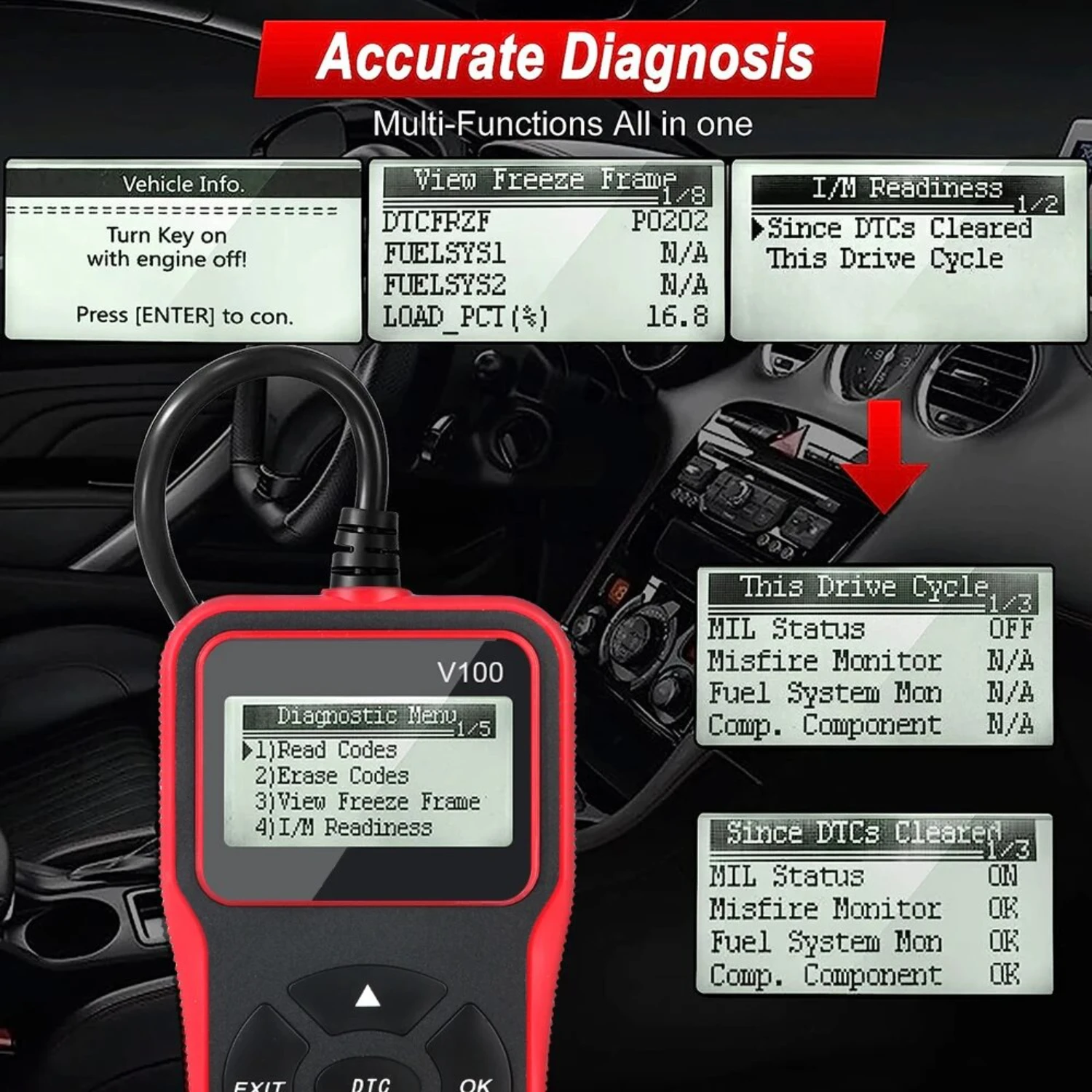 Efficient Portable V100 OBD2 Car Diagnostic Tools with Digital Display - Easy-to-use EOBD Scanner for 12V Vehicles, Featuring 16