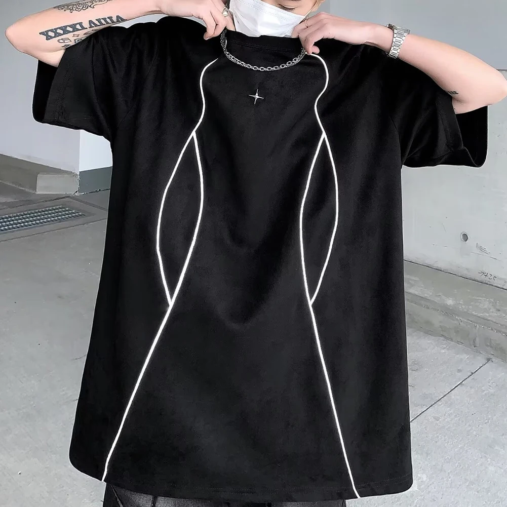 Reflective Strip Rivet Star Suede Loose Short Sleeve T Shirt For Men And Women Hip Hop Streetwear Summer Casual Top