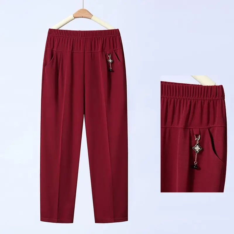 2026 Summer New Thin Straight Casual Trousers Femme Ice Silk Mother Nine Pants Women Middle-aged Elderly High Waist Pants Ladies