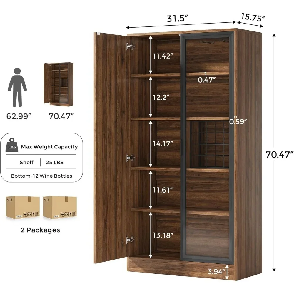 70” Tall Wine Bar Cabinet with Wine Rack & Glass Holders, Liquor Cabinets with Doors & Shelves, Kitchen Pantry Cabinet