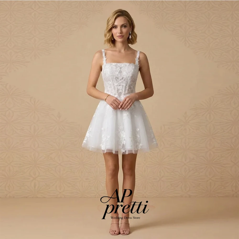 AP pretti Simple Lace Wedding Dress Square Neck Customized Sleeveless Mini-Length  A-line Bridal Gown Vestidos Novias Boda  