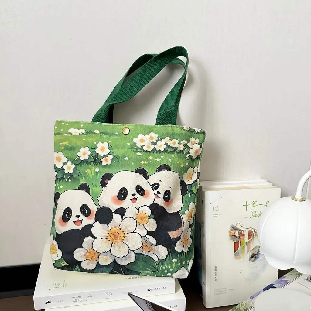 Cotton Canvas Tote Bag Cartoon Panda Print Handbag Floral Print Tote Bag Soft Mini Tote Handbag For Daily Commute Daily Outings