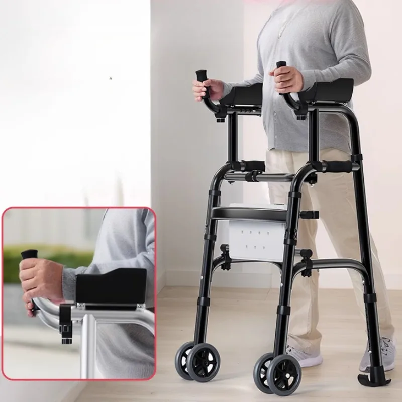 Stand Upright Walkers with Seat for Seniors Elderly Foldable Double Arm Walker Aid Walking Rehabilitation Equipment Crutch Chair