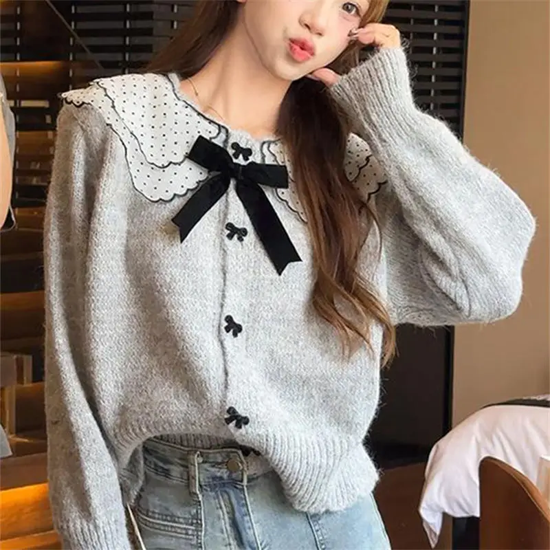 Peter Pan Collar Bow Knitting Cardigan Coat Women Autumn Winter Loose Solid Color Sweater Fashion All-match Sweet Knitwear Tops