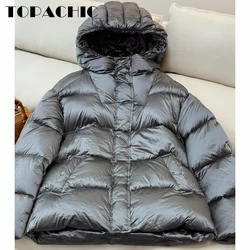 8.31 TOPACHIC-Women Fashion Goose Down Keep Warm Thick Skiing Short Outerwear Stand Collar Hooded Long Sleeve Zipper Down Coat