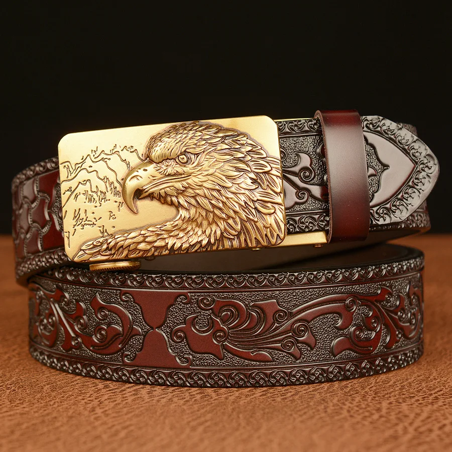 

New Luxury Designer Domineering Eagle Head Automatic Buckle Belt Men's Pure Cowhide Personalized Carved Belt Casual Jeans Belts