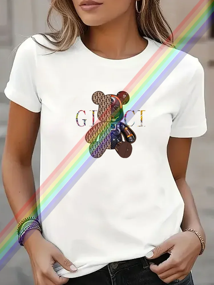

2025 Summer Fashion Bear Printing Luxury Brand Clothing T-Shirt Harajuku 100% Cotton For Women's O-Neck Short Sleeve Top Tees
