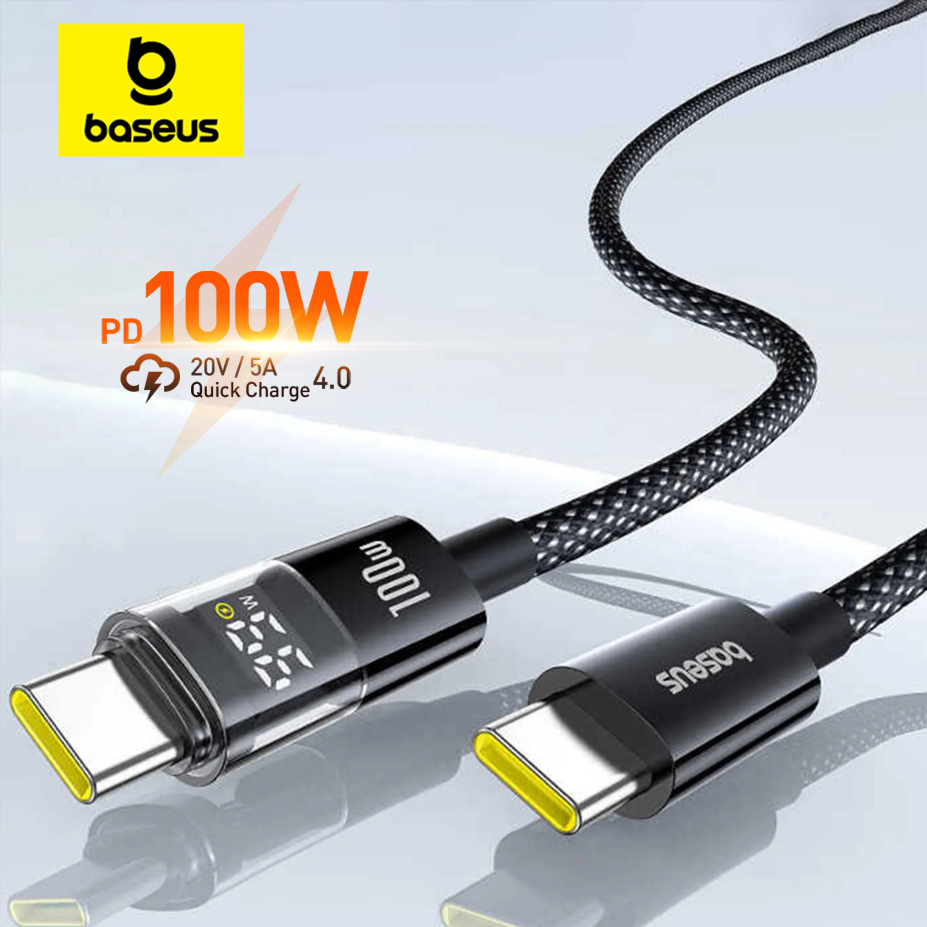 Кабель Baseus USB C 100 Вт для iPhone 17 16 15 Pro Max со светодиодным дисплеем USB-кабель типа C для Macbook pro, провод для быстрой зарядки для Xiaomi