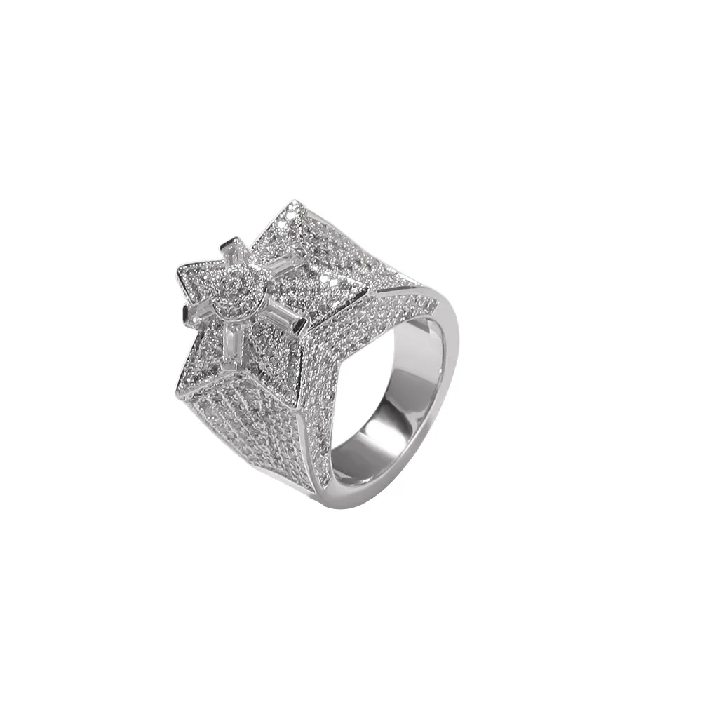 

3D Pentagram Shape CZ Style Bling Bling Iced Out Zircon Mirco Pave Prong Setting Brass Ring Hip Hop Jewelry BR054