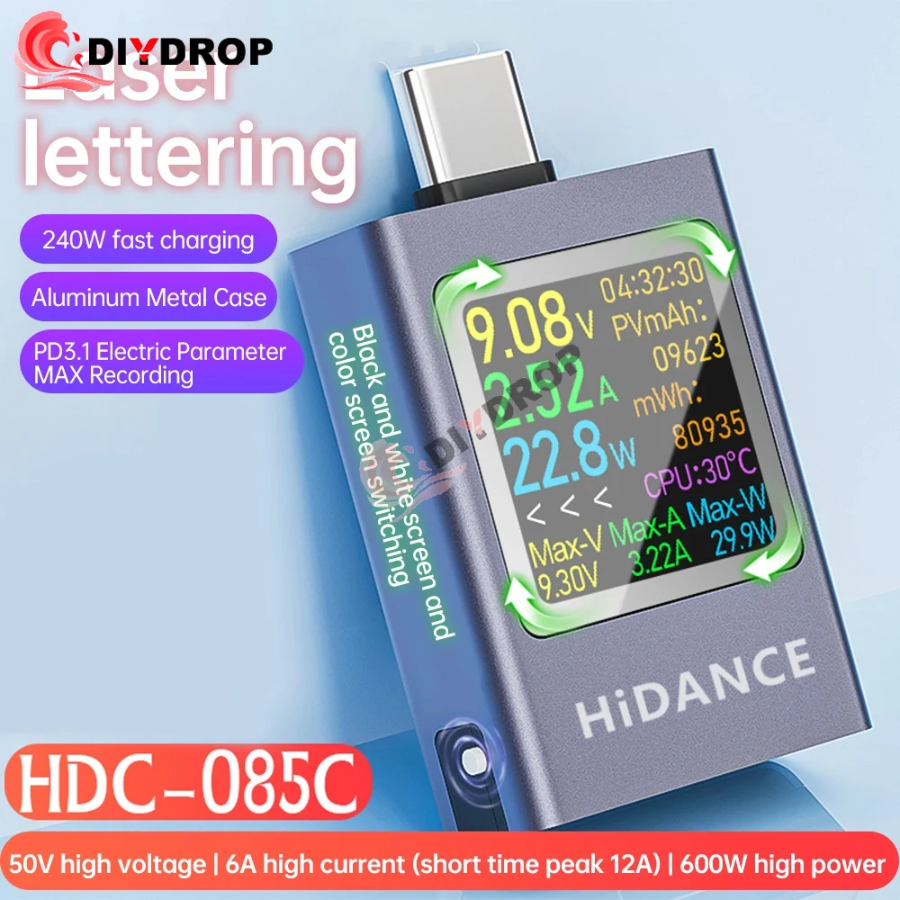 HDC-085C DC 4.5-50V 0-12A PD3.1 Multi-function Digital Display DC Voltage Ammeter Power Meter Type-c Cell Phone Charging Tester