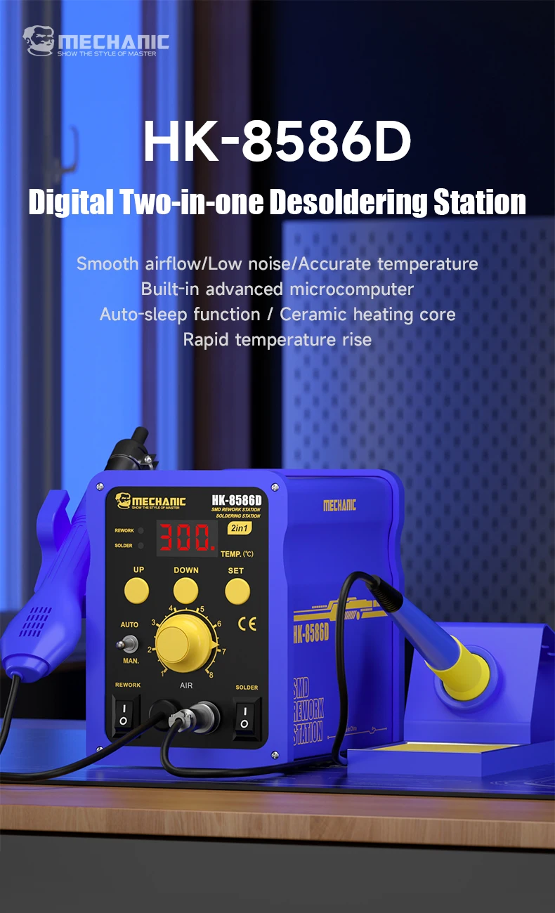 MECHANIC HK-8586D 2-in-1 Hot Air Rework Soldering Station 740W 100-480°C LED Display Auto Sleep for Phone PCB BGA IC Repair Tool