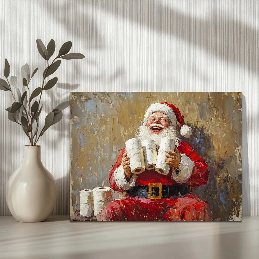 1pc,Santa Claus Sat There, Holding A Few Rolls Of Toilet Paper And Smiling Happily A, Modern Canvas Wall Art,  Framed, 16x12inch