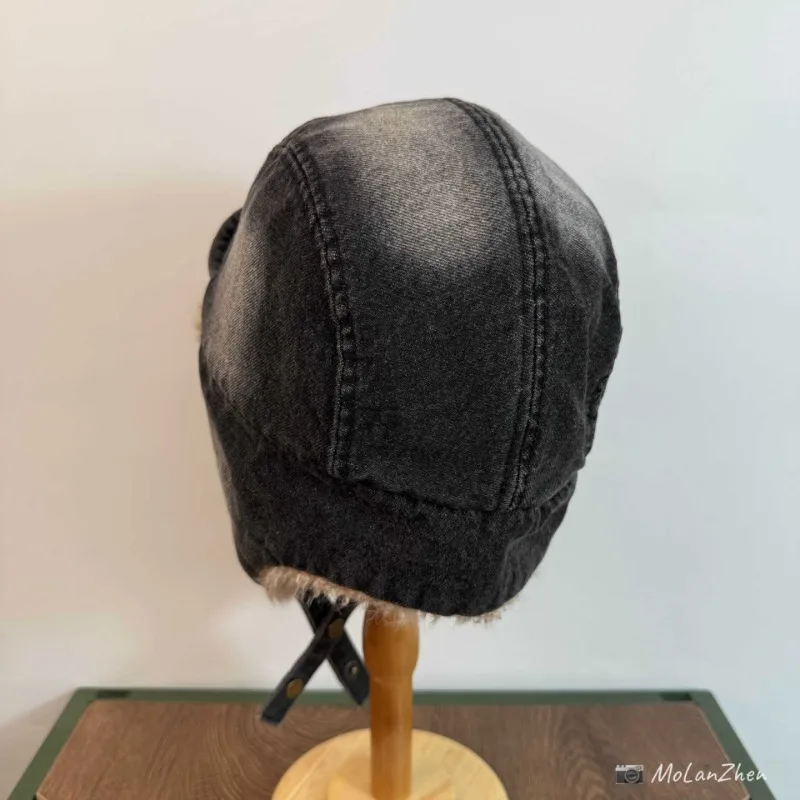 اليابانية الرجعية غسلها الدنيم زائد الصوف لي فنغ قبعة للرجال والنساء الشتاء سميكة ودافئة الدراجات سدادات حماية الأذن منفذها القبعات