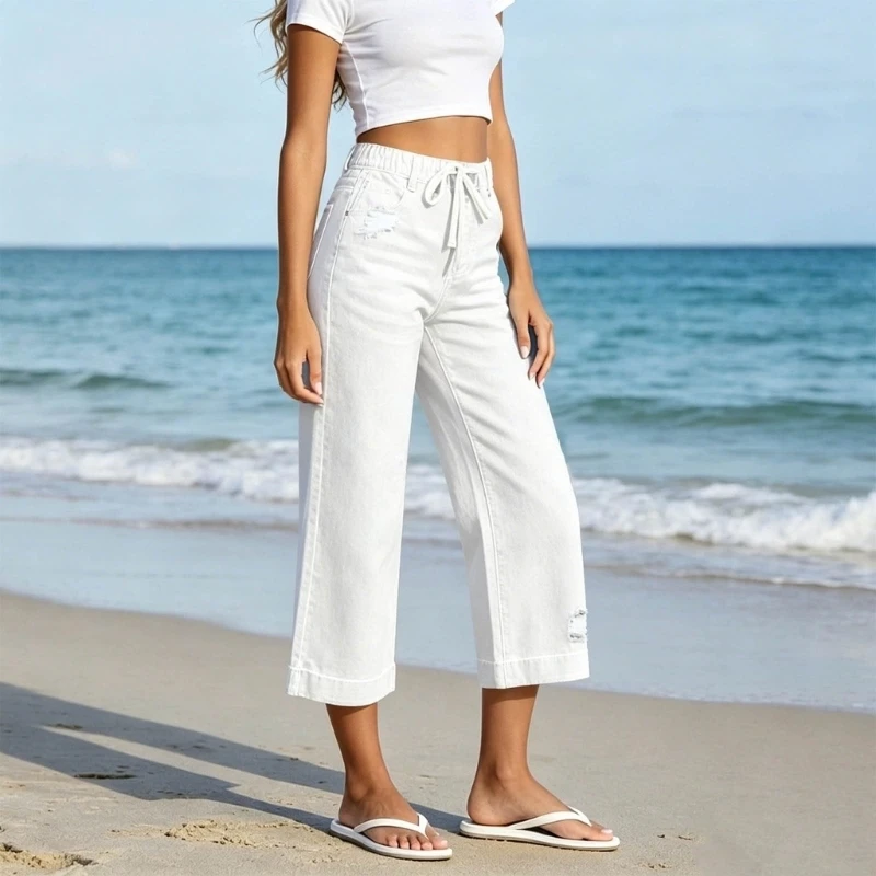 573B Women's wide-leg jeans, stretch jeans, elastic waistband, suitable for wearing with sweatpants, fashionable and loose fit.