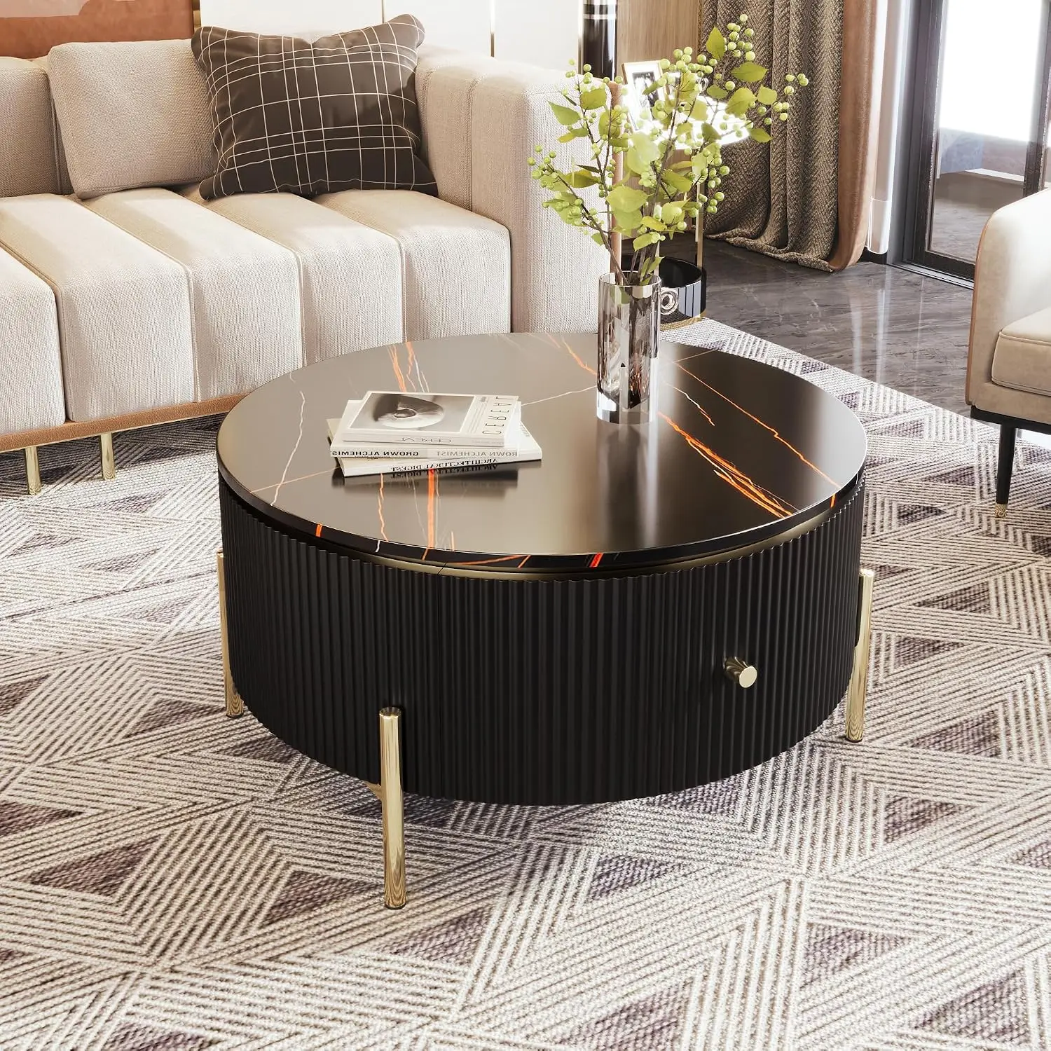 Round Coffee Table with 2 Large Drawers Storage Accent Furniture 31.5