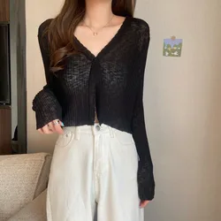 Biyaby Summer New Thin Sun Protection Cardigan Women White Single Button Knitted Coat Mujer Sexy See Through Ice Silk Crop Tops