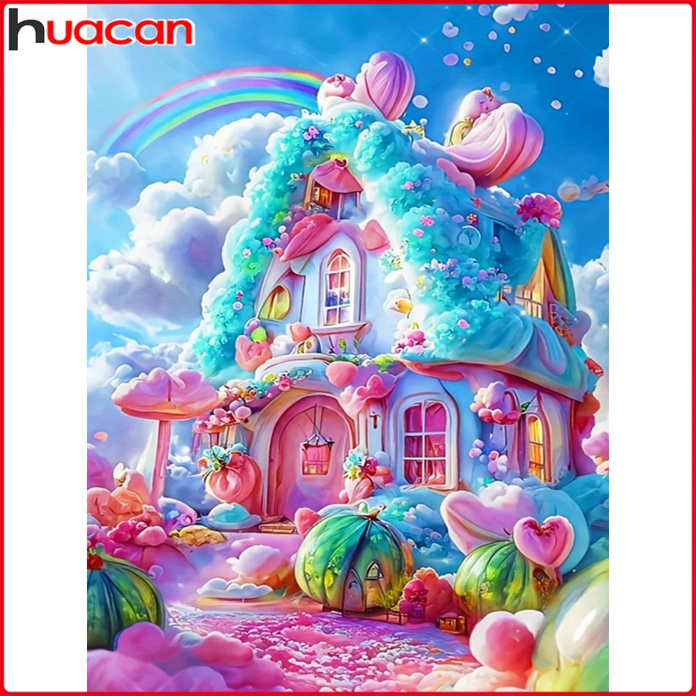 Huacan 5D-Diamantgemälde zum Selbermachen, Haus, Regenbogen-Diamant-Mosaik, Landschaft, Blume, neue Kollektion 2025, dekorative Gemälde