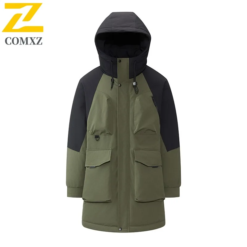 COMXZ 2025 Men Long Down Jacket Outdoor Hiking Travel Cold Resistant Filler Down Minimalist Daily Style Lightweight Winter Coat