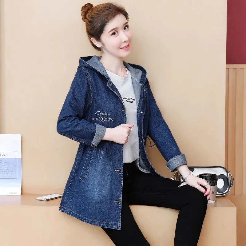 Denim Trench Coat For Women 2023 New Hooded Autumn winter Long Denim Jacket Female Loose Embroidered Oversized Top